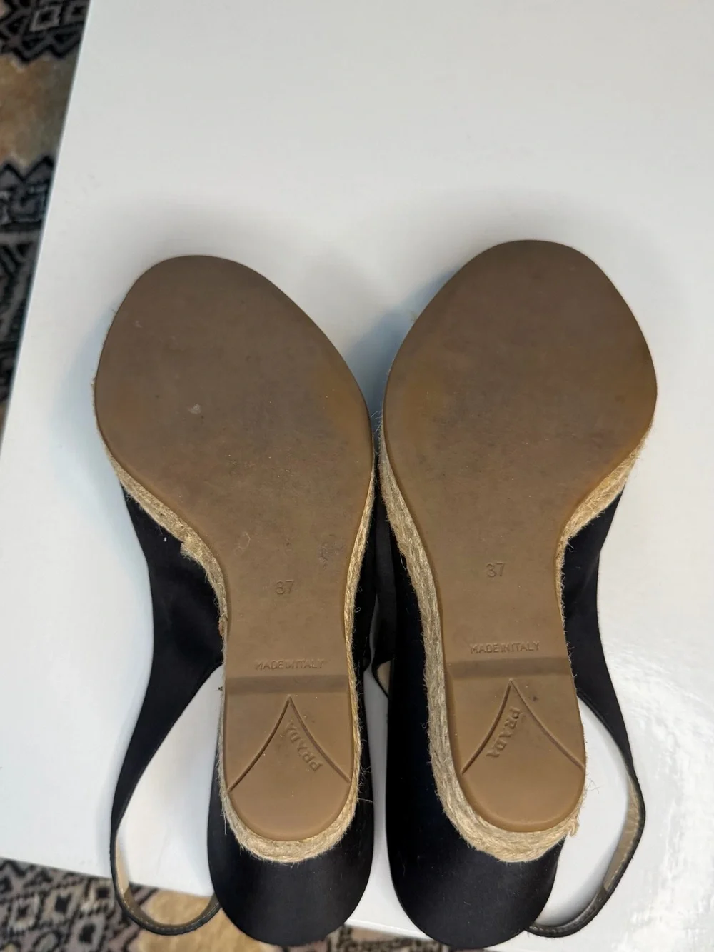Prada Black Satin Slingback Espadrille Wedges with Rosette